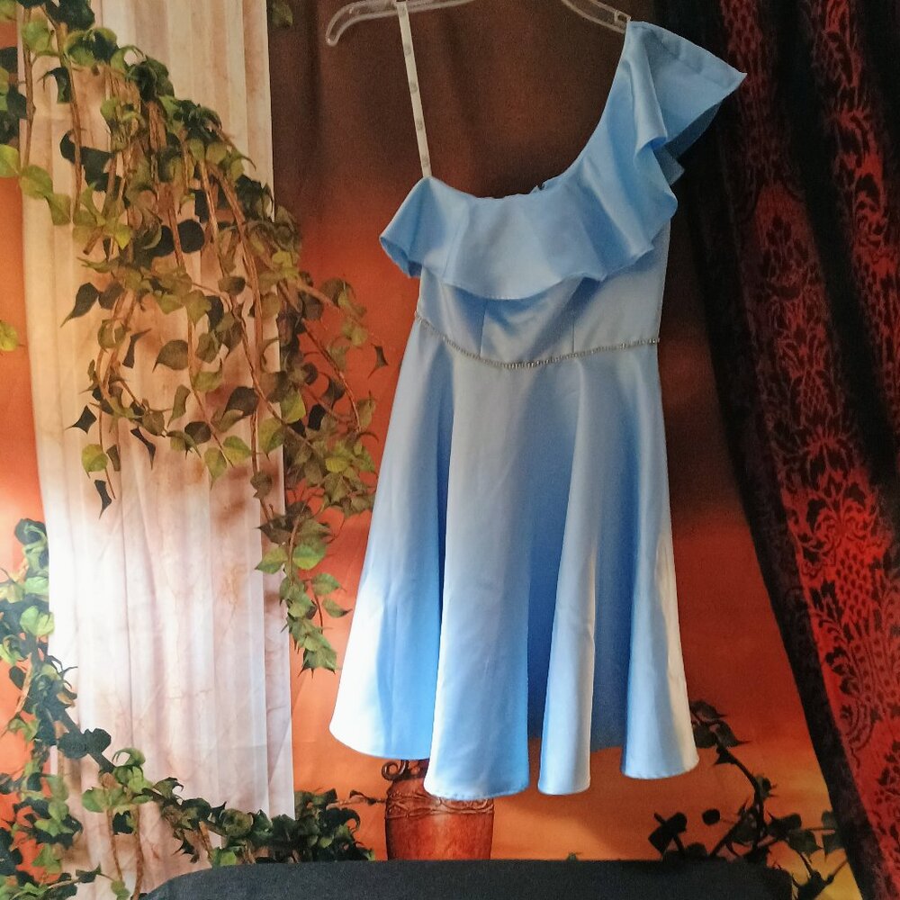 NWOT: Girls' Fifteen Roses sz 0 Sky Blue One-Shoulder Half-Lined Ruffled Dress